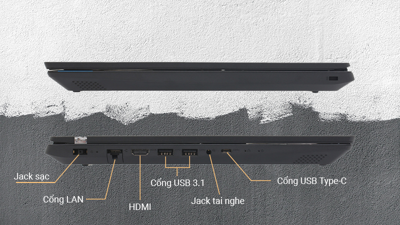 Laptop có đầy đủ các cổng kết nối phổ biến hiện nay: USB 3.1, HDMI, LAN (RJ45), USB Type-C.
